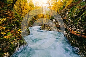 The famous Vintgar Canyon with wooden pats,Bled,Triglav,Slovenia,Europe