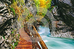 The famous Vintgar gorge Canyon with wooden pats