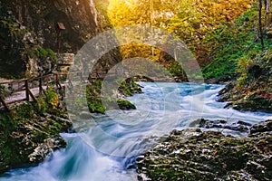 The famous Vintgar gorge Canyon with wooden pats,Bled,Triglav,Slovenia,Europe