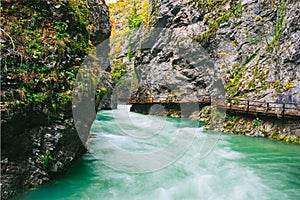 The famous Vintgar gorge Canyon with wooden pats, Bled, Triglav, Slovenia, Europe photo