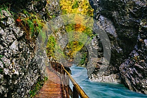 The famous Vintgar gorge Canyon with wooden pats,Bled,Triglav,Slovenia,Europe