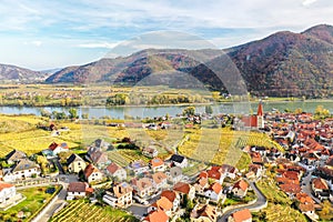 Weissenkirchen village with autumn vineyards, Danube river in Wachau valley, Austria