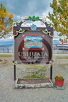 Famous welcome city stand in Ushuaia at Beagle Channel, Tierra del Fuego, Patagonia, Argentina, early Autumn