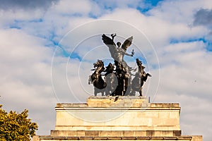 Famous Wellington Arch monument also known as Constitution Arch or as the Green Park Arch with a black bronze quadriga on the top