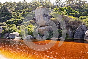 The famous Whale Rock over the brown water of Tidal River.