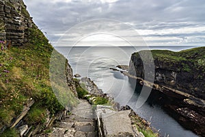 Famous Whaligoe Steps, a man-made stairway of 365 steps near Wick, Caithness, Scotland