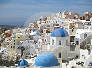 The famous white and blue Greek Islands style architecture of Oia village, Santorini island