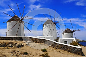 Famous white windmills of Mykonos Greece, Cyclades island in the heart of the Aegean Sea