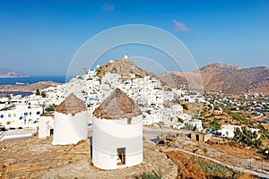 The famous windmills of Chora in Ios, Greece