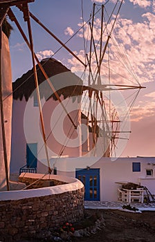Famous windmills on the island of Mykonos at sunset.
