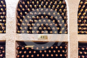 Famous wine cellars racks in wide perspective photo