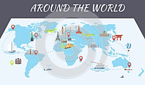 Famous world landmarks icons on the map