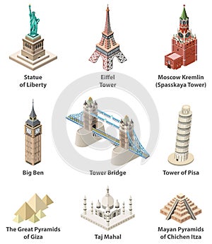 Famous world landmarks vector isometric high detailed isolated icons