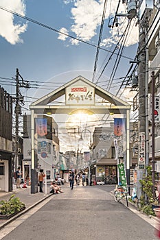 The famous Yuyakedandan stairs which means Dusk Steps at Nishi-Nippori in Tokyo. The landscape overlooking Yanaka Ginza from the