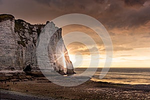 Famouse cliffs of Etretat, france, at sunset