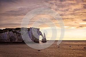 Famouse cliffs of Etretat, france, at sunset