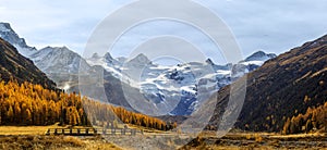 The famouse Roseg Valley with wooden bridge and the Roseg Glacier