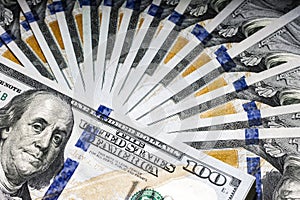 Fan of 100 US Dollars Banknotes macro close up