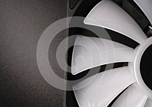 Fan blades on a black background. PC fan. Copy space