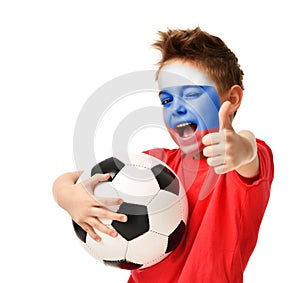 Fan boy player hold soccer ball celebrating happy laughing showing thumbs up sign with russian flag on face