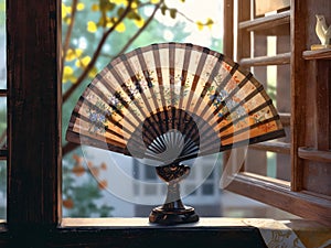 decorative paper and bamboo fan displayed in window