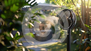 The fan of an evaporative cooler blowing a steady stream of cool air onto a shaded patio photo