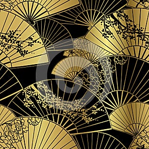 Fan flower unbrella vector japanese chinese seamless pattern design gold black