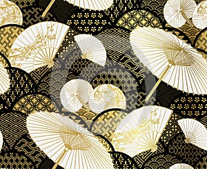 Fan flower unbrella vector japanese chinese seamless pattern design gold black