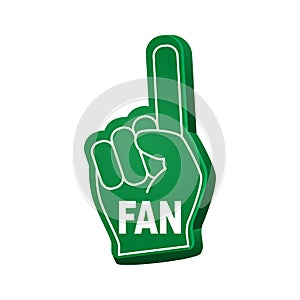 Fan foam finger. Hands up with glove with inscription fan green color vector