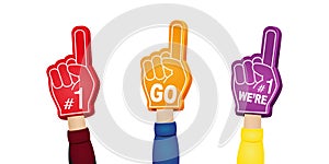 Fan foam fingers with hands set. Hands up with glove with number one, go red, orange and violet color vector
