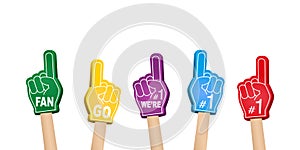 Fan foam fingers with hands set. Hands up with glove with number one red, green, yellow, violet and blue color