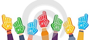 Fan foam fingers. Hands up with glove with number one, stadium supporter pride accessory, football victory symbol, success vector