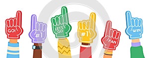 Fan foam fingers. Supporting color flat hands signs with cheerleaders inscription, motivation favorite sports team