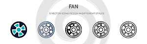Fan icon in filled, thin line, outline and stroke style. Vector illustration of two colored and black fan vector icons designs can