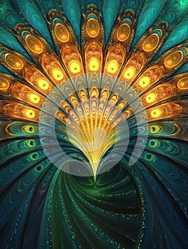 Fan like display of vibrant peacock tail feathers showcasing intricate patterns and colorful details in an artistic photo