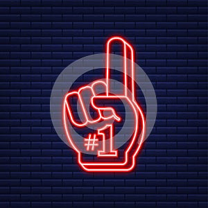 Fan logo hand with finger up. Hand up with number 1. Neon icon. Vector illustration.