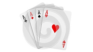 A fan of playing cards consisting of four Ace Isolated on white background. 3d rendering Illustration of all the aces as