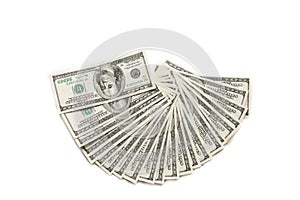 Fan of several hundred dollar bills isolated on white background