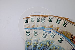 Fan shaped 50 and 20 euro banknotes