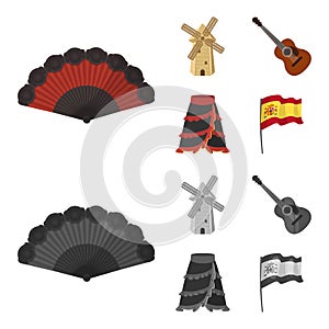 Fan Spanish, mill, guitar, skirt for national Spanish dances. Spain country set collection icons in cartoon,monochrome