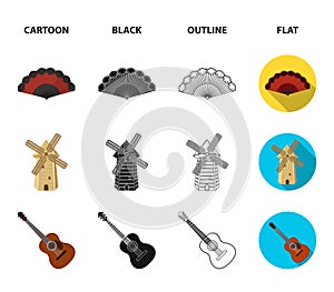 Fan Spanish, mill, guitar, skirt for national Spanish dances. Spain country set collection icons in cartoon,black