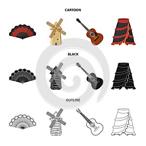 Fan Spanish, mill, guitar, skirt for national Spanish dances. Spain country set collection icons in cartoon,black