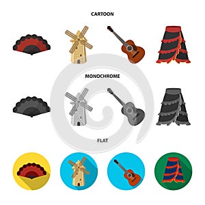 Fan Spanish, mill, guitar, skirt for national Spanish dances. Spain country set collection icons in cartoon,flat