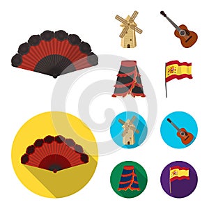 Fan Spanish, mill, guitar, skirt for national Spanish dances. Spain country set collection icons in cartoon,flat style