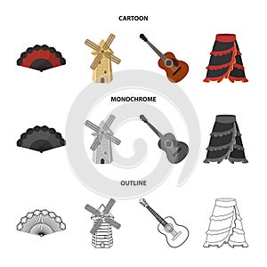 Fan Spanish, mill, guitar, skirt for national Spanish dances. Spain country set collection icons in cartoon,outline