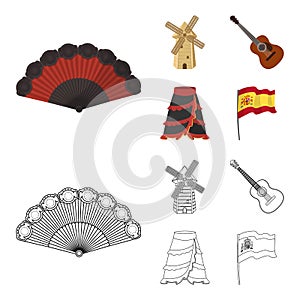 Fan Spanish, mill, guitar, skirt for national Spanish dances. Spain country set collection icons in cartoon,outline