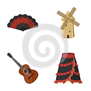 Fan Spanish, mill, guitar, skirt for national Spanish dances. Spain country set collection icons in cartoon style vector