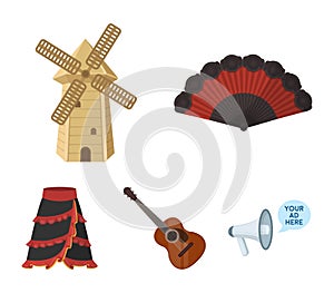 Fan Spanish, mill, guitar, skirt for national Spanish dances. Spain country set collection icons in cartoon style vector