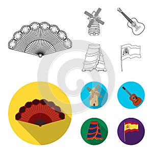 Fan Spanish, mill, guitar, skirt for national Spanish dances. Spain country set collection icons in outline,flat style