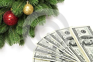 Fan us dollars money on Christmas isolated background
